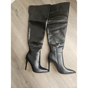 🆕Womens Black Faux Leather Ponited Toe Zipper up Thigh High Stiletto Heel Boot